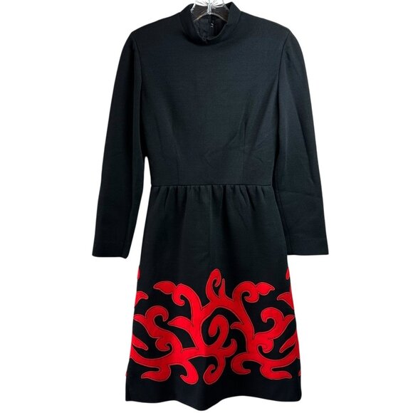 Vintage 60's Carlye Black Wool Dress with Red Appliqué – Women’s Size 8 - Picture 2 of 7